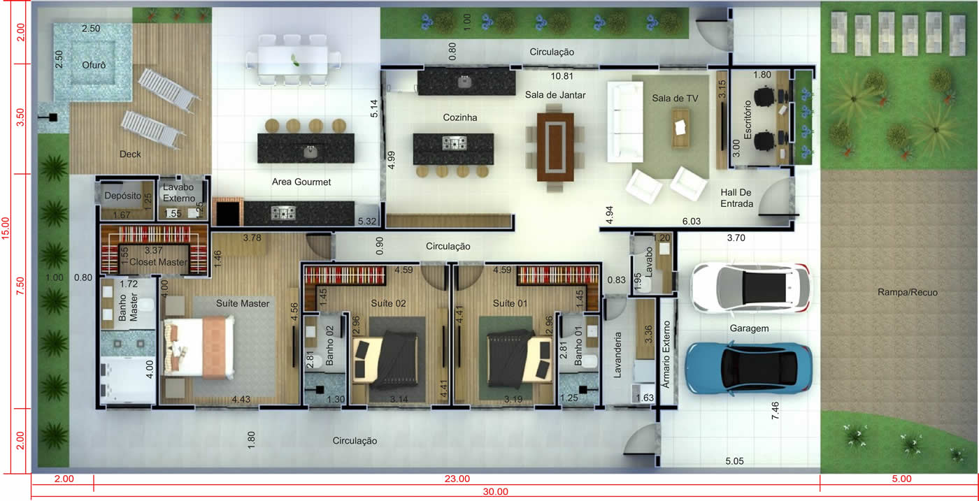 Proyecto de casa moderna con 3 suites.15x30
