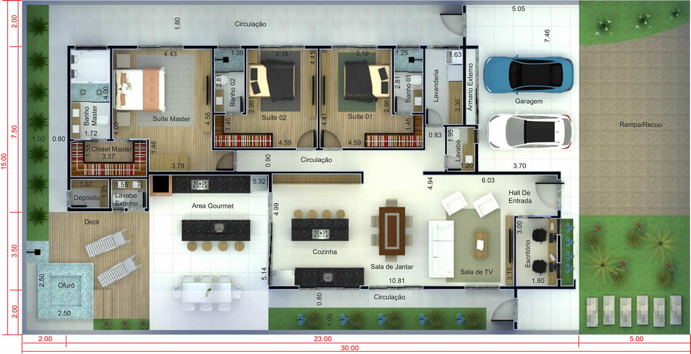Proyecto de casa moderna con 3 suites.15x30