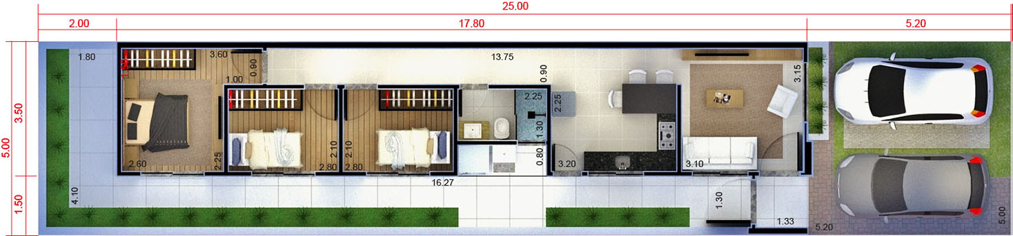 Plano de casa popular de 3 dormitorios5x25