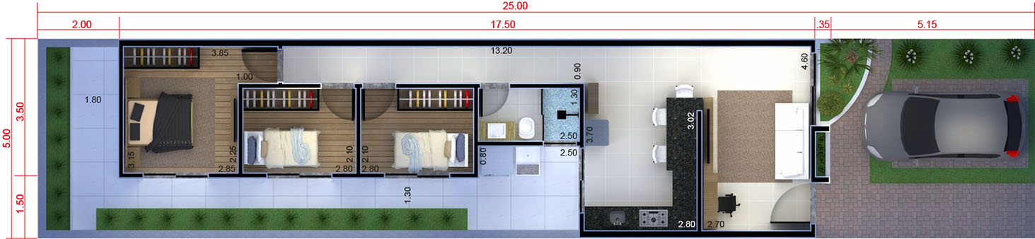 Plano de casa popular con 3 dormitorios5x25