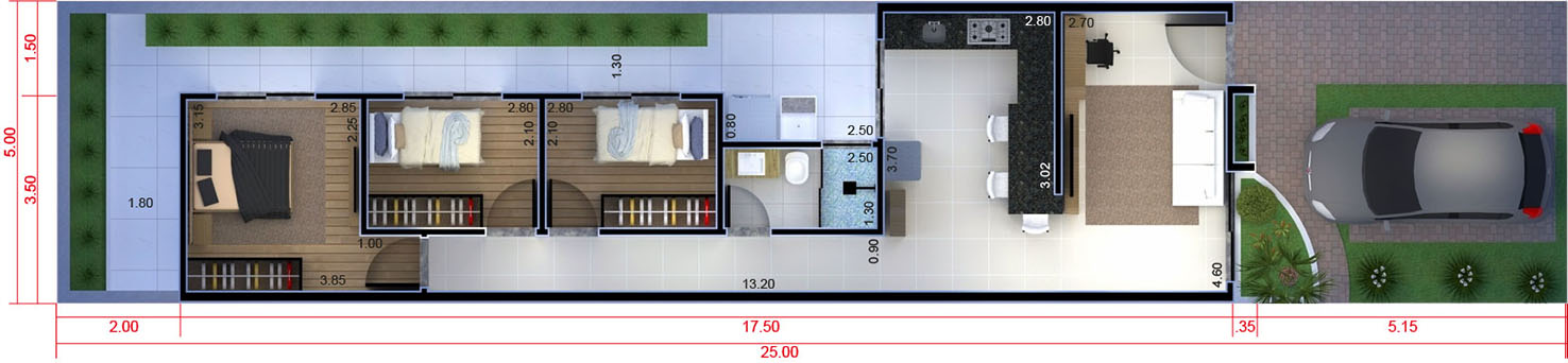 Plano de casa popular con 3 dormitorios5x25