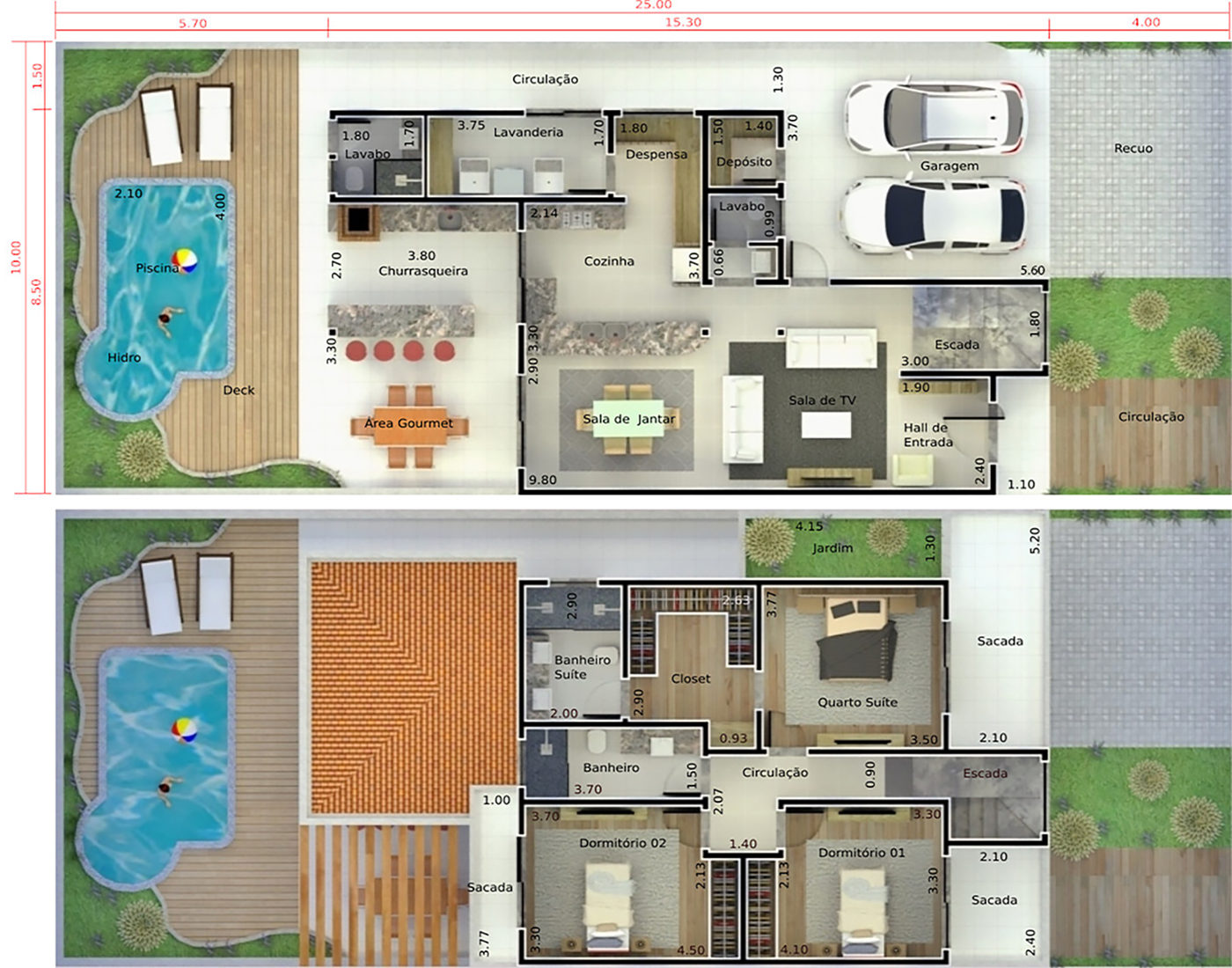 Plano de casa con techo a dos aguas10x25