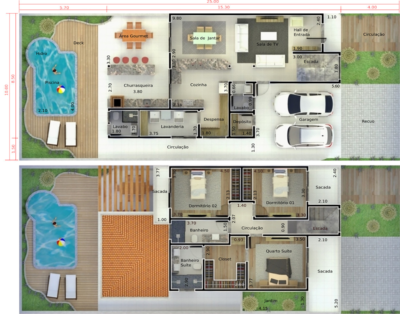 Plano de casa con techo a dos aguas10x25