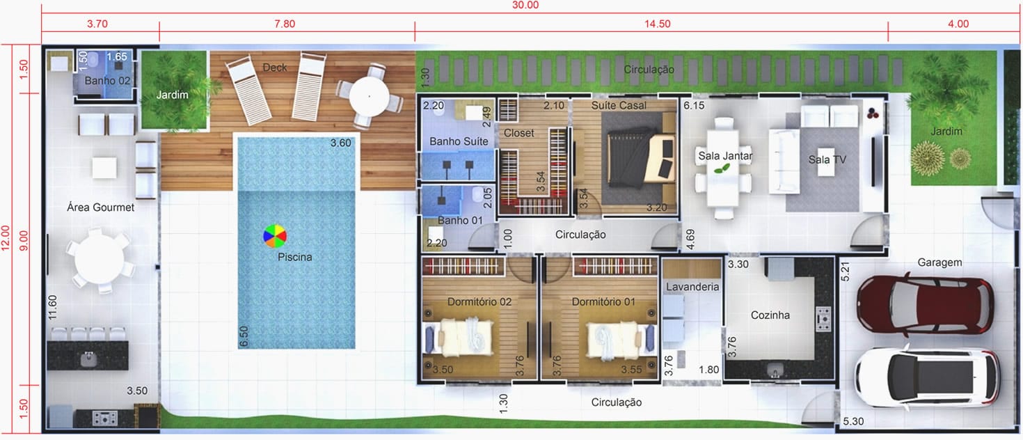 Plano de casa con poca casa y la piscina12x30