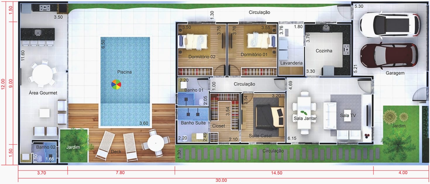 Plano de casa con poca casa y la piscina12x30
