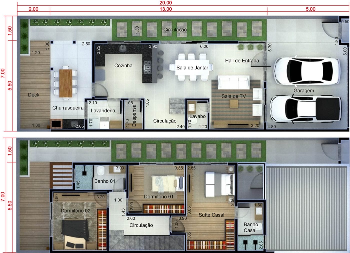 Plano de casa con cocina en el fondo7x20