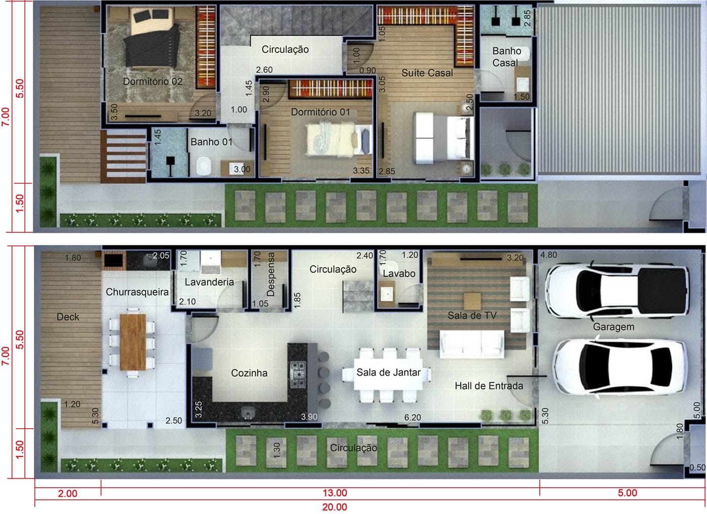 Plano de casa con cocina en el fondo7x20