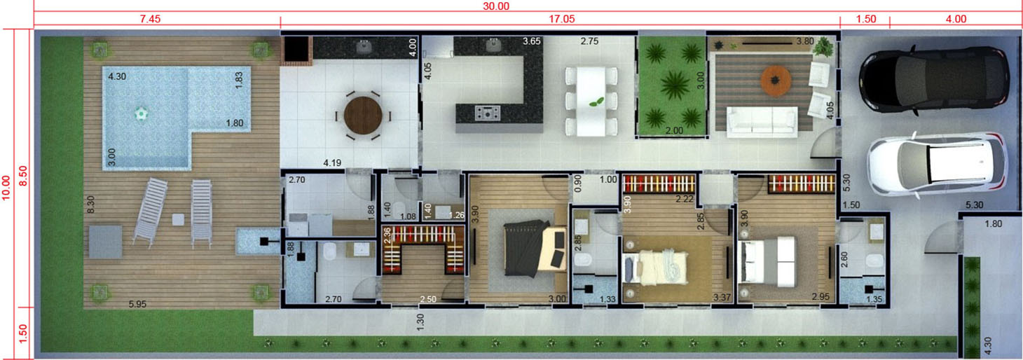 Plano de casa baja con techo a la vista10x30