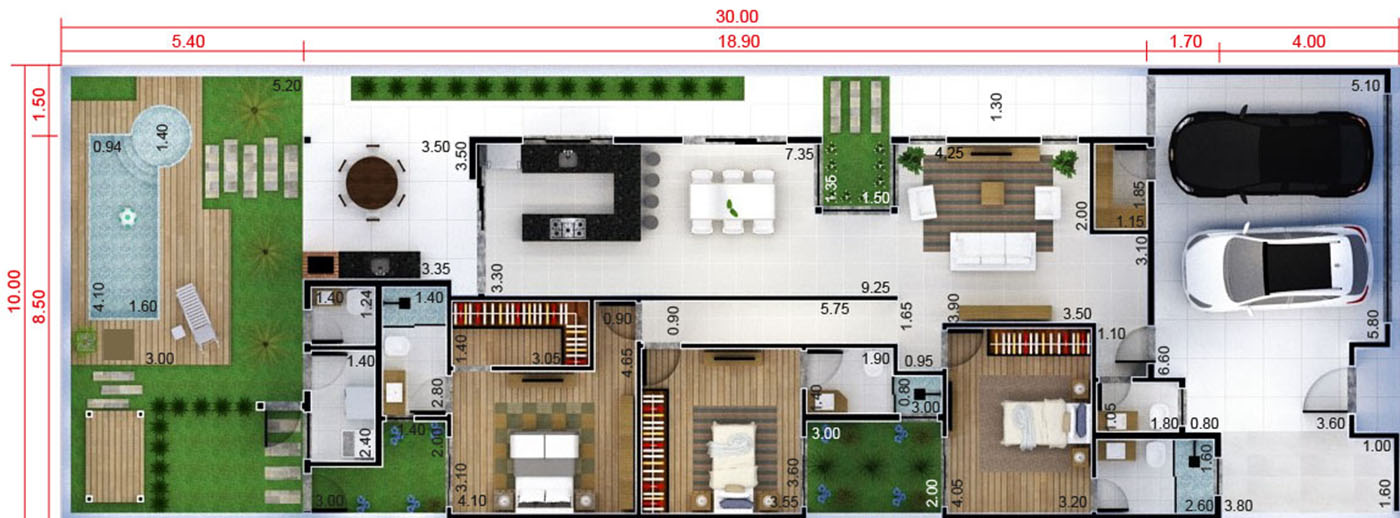 Plano de casa de 3 habitaciones10x30