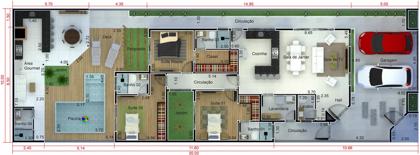 Plano de casa con edificación y piscina10x30