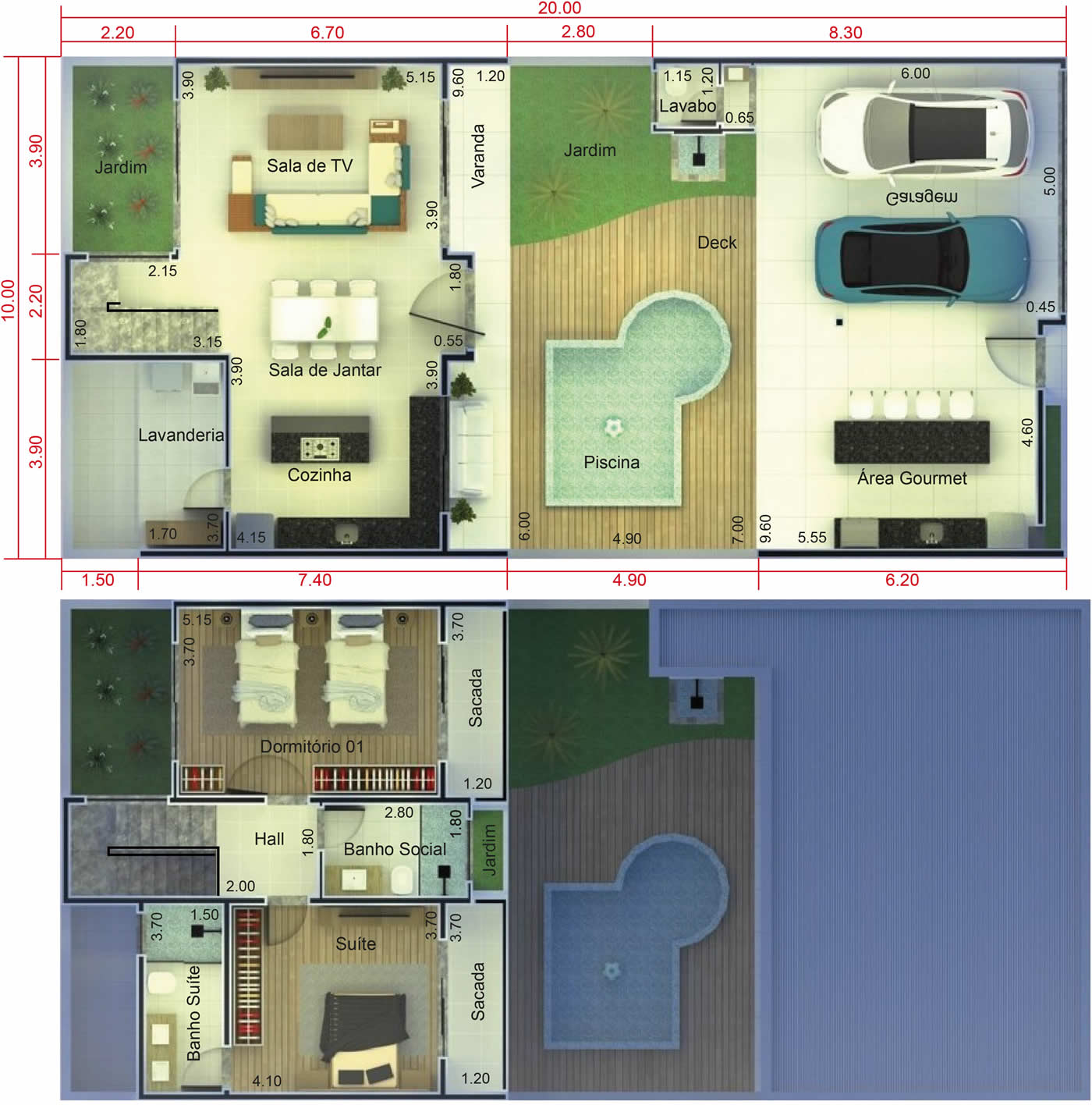 Planta de casa con piscina en frente10x20