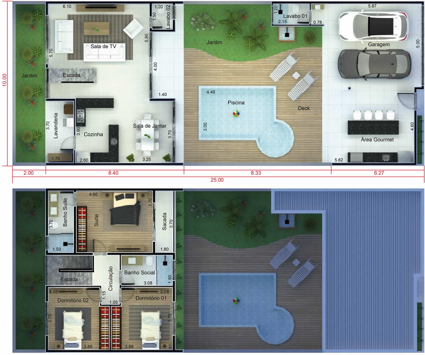 Plano de casa con piscina en frente10x25