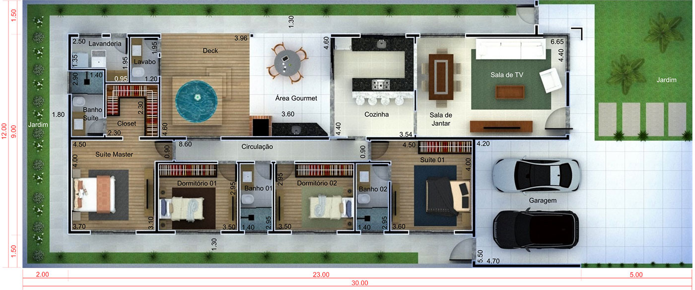 Plano de casa moderno con 4 habitaciones.12x30