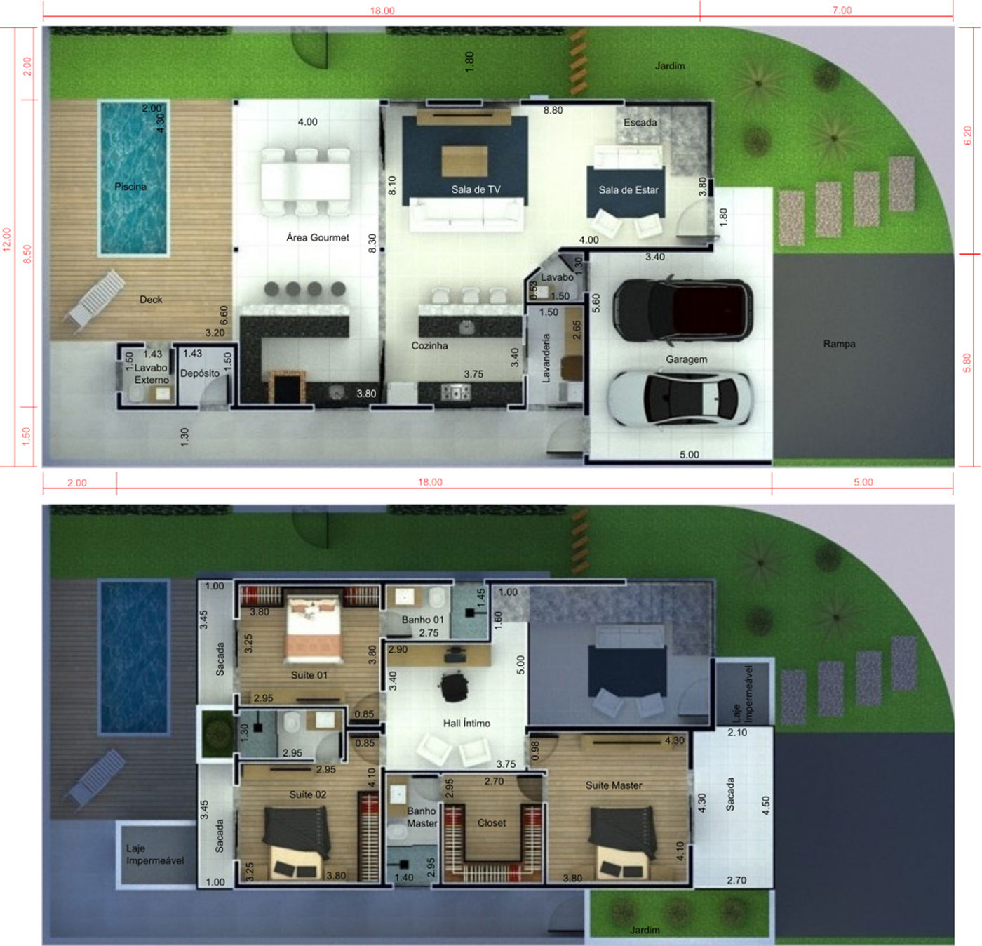 Plano de casa de esquina de 3 habitaciones12x25