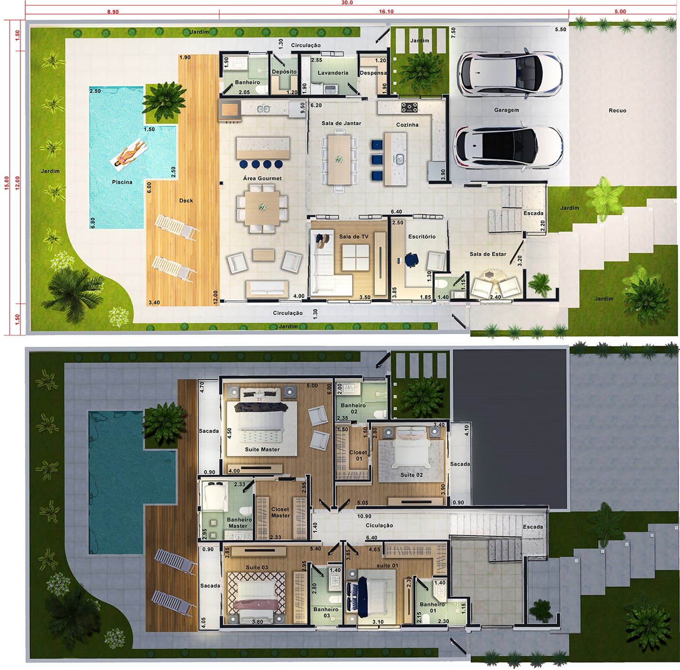 Casa adosada de 4 suites con piscina y deck15x30