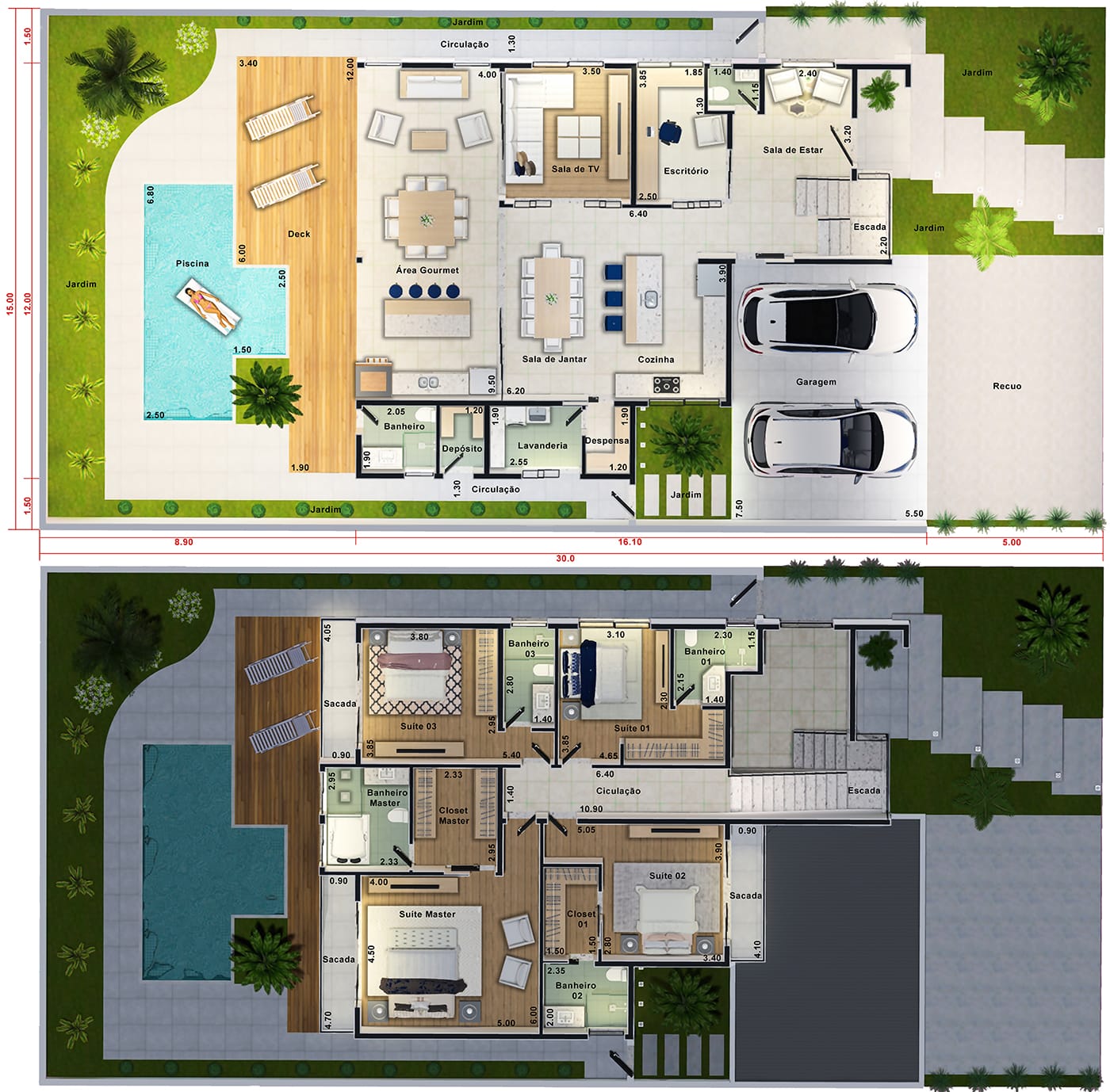 Casa adosada de 4 suites con piscina y deck15x30