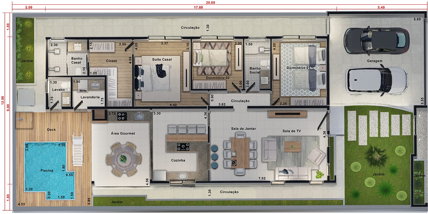 Diseño de casa con área íntima separada12x25