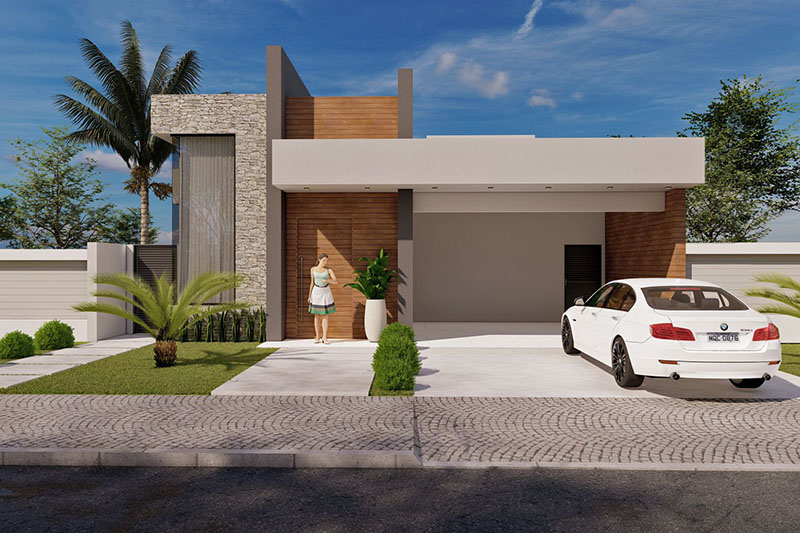Diseño con fachada de madera y piedra
