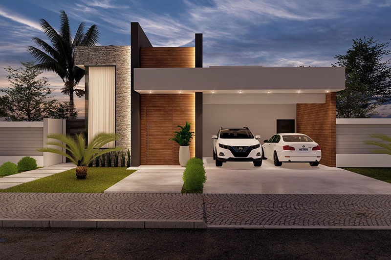 Diseño con fachada de madera y piedra