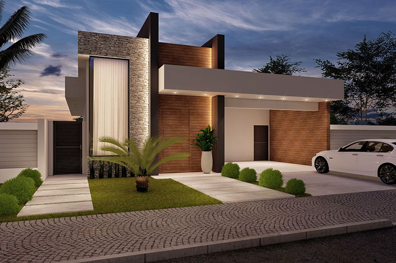 Diseño con fachada de madera y piedra