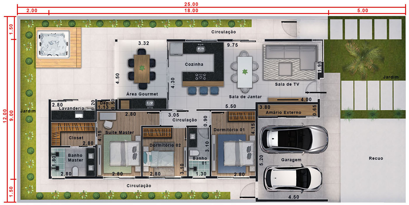 Plano de casa en planta baja con jacuzzi12x25