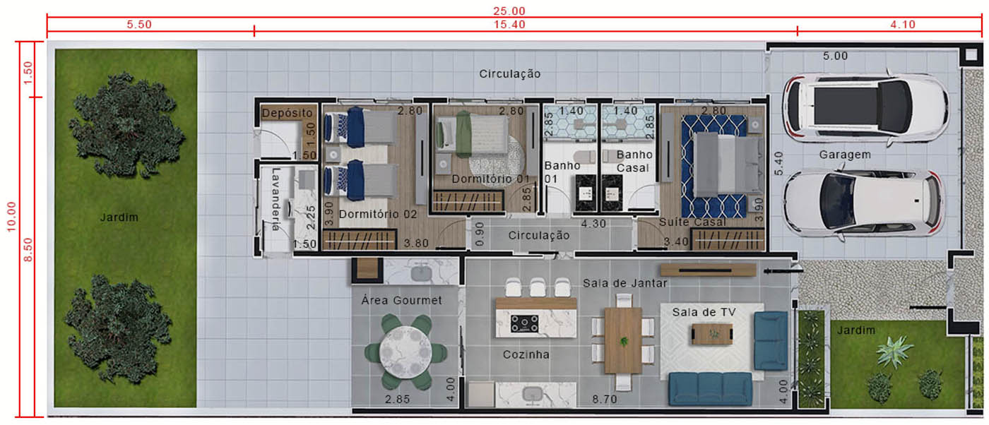Plano de casa moderna con puerta10x25