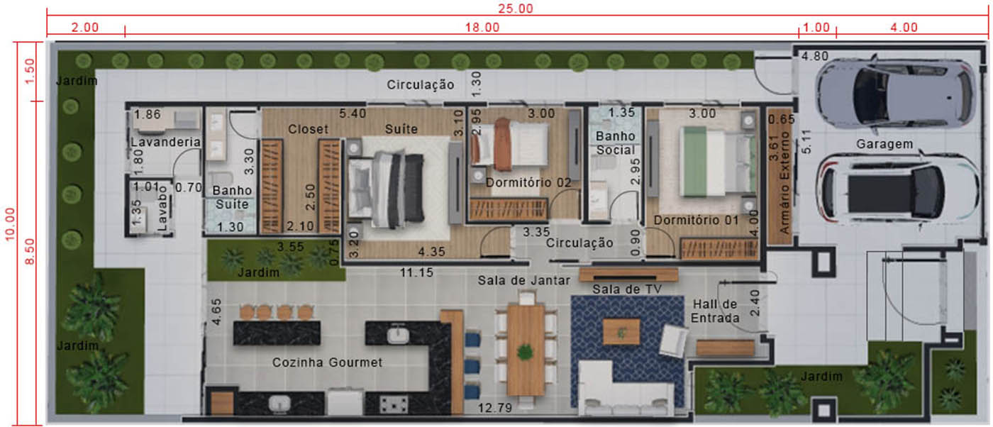 Plano de casa moderna e imponente10x25