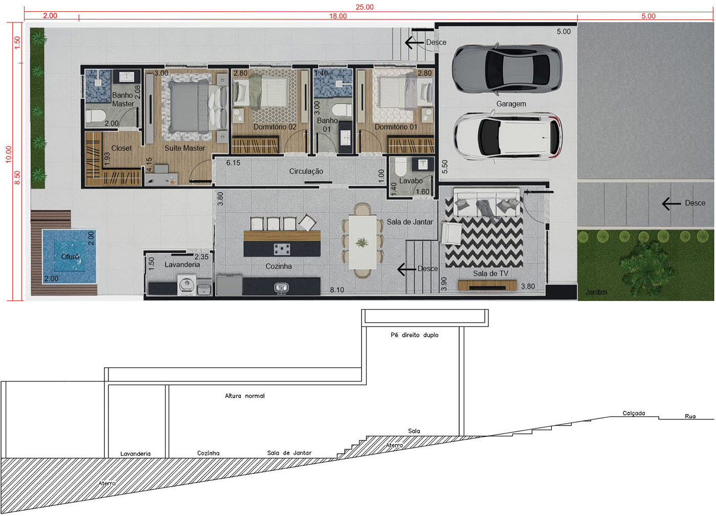 Plano de casa planta baja inclinada10x25