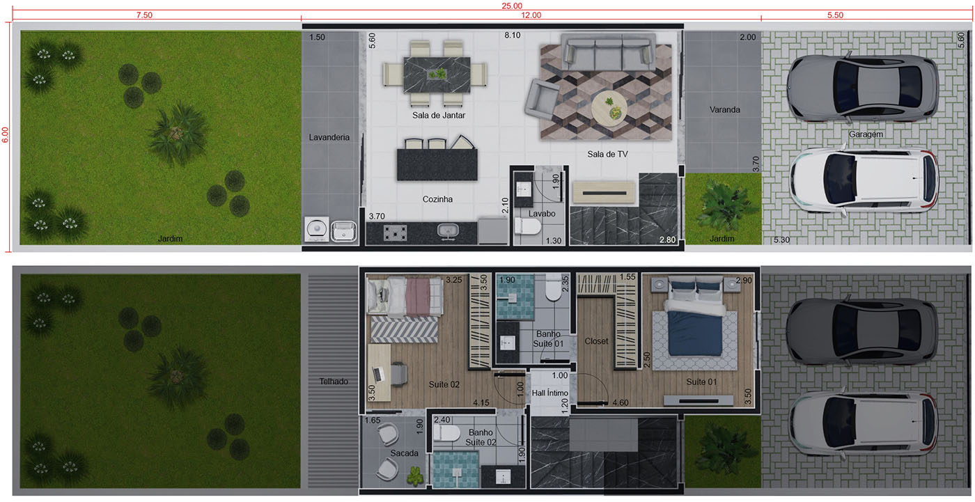 Plano de casa con 2 habitaciones6x25