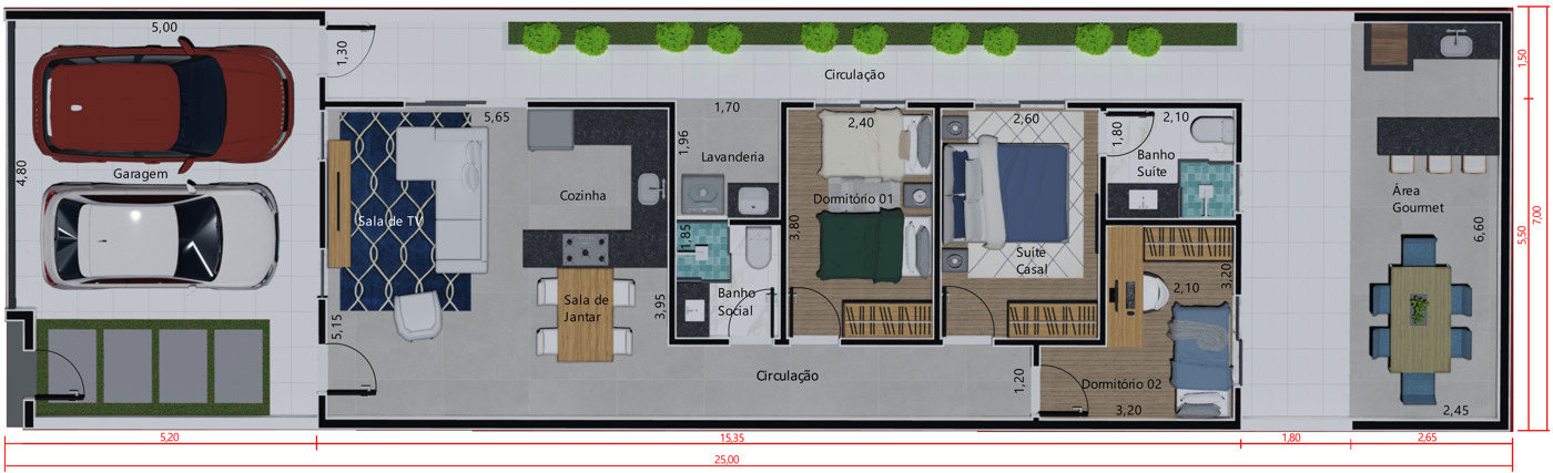 Plano de casa pequeña con zona gourmet7x25