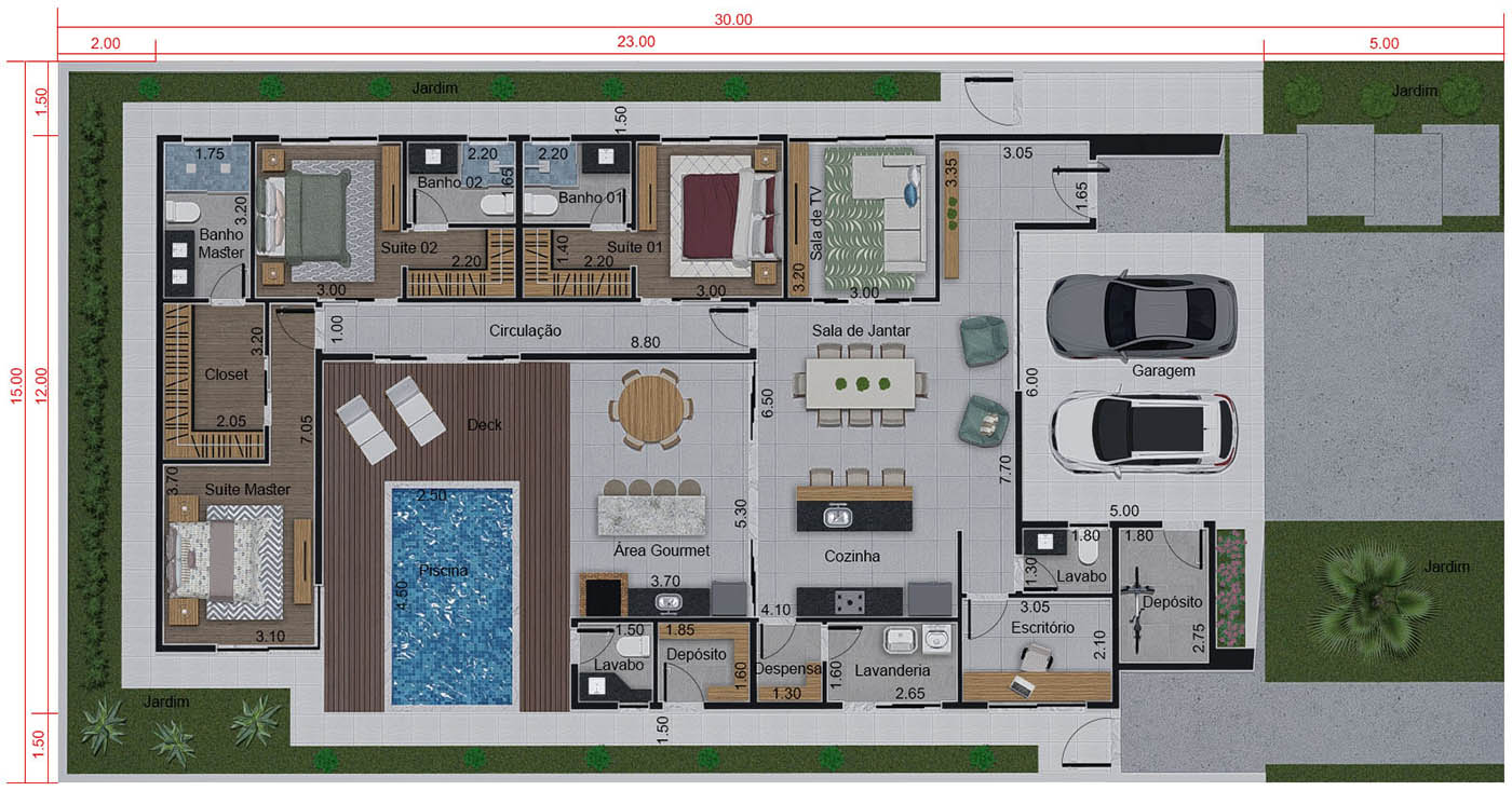 Casa terrea con 3 suites15x30