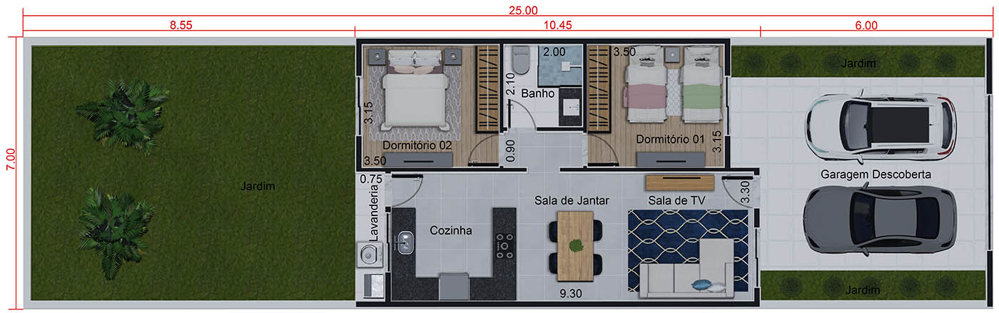 Plano de casa de una sola planta de 70m²7x25