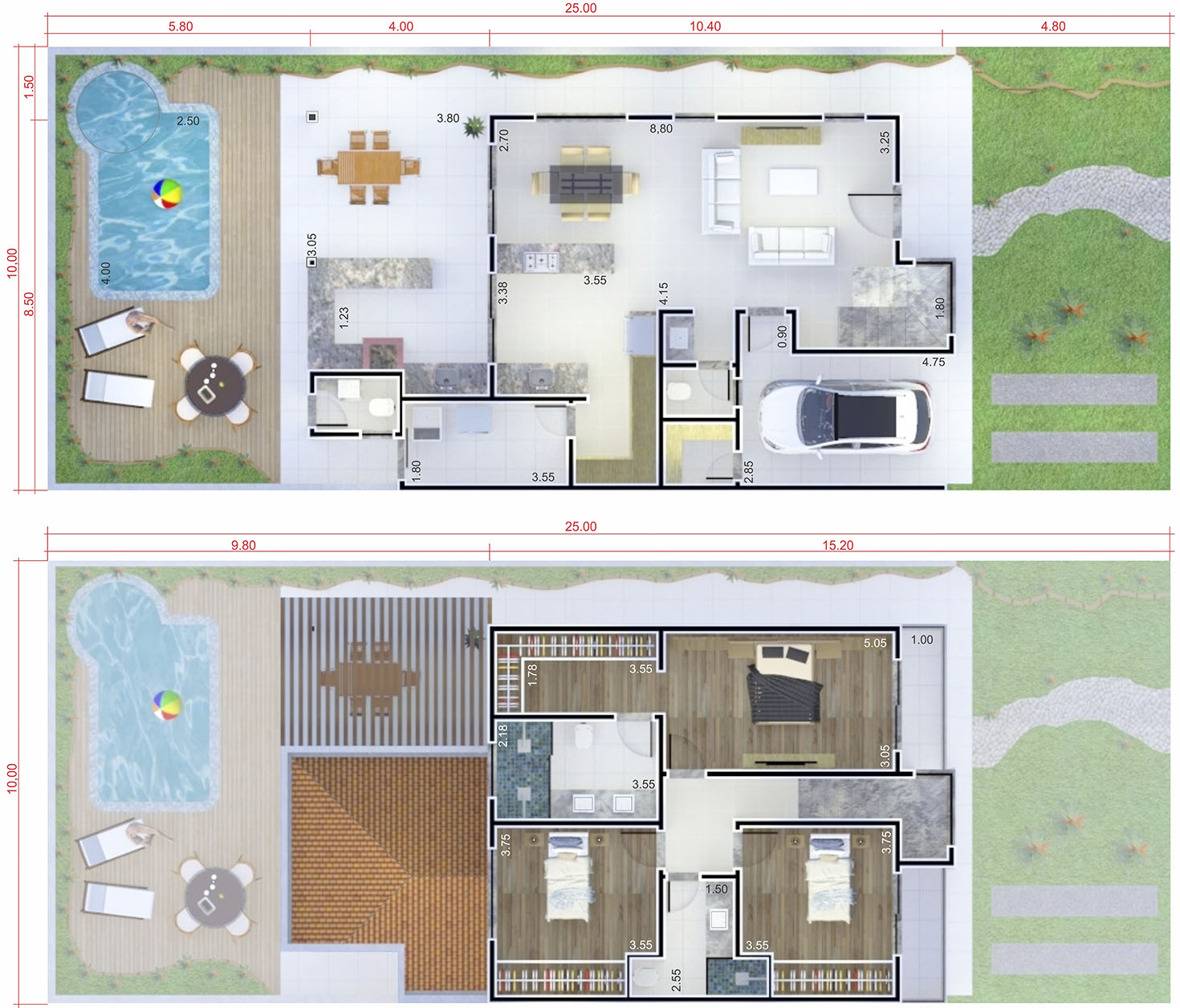 Plano de casa con zona de juegos10x25