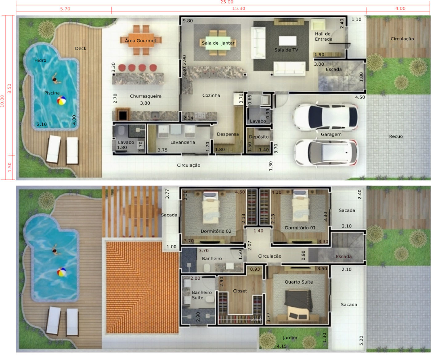 Plano de casa con piscina y terraza10x25