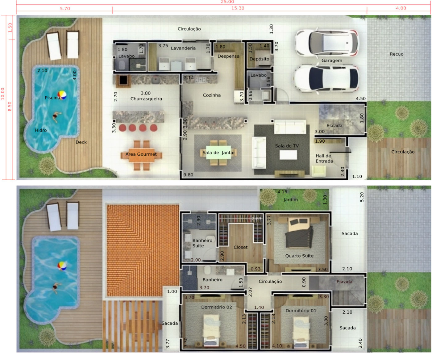 Plano de casa con piscina y terraza10x25