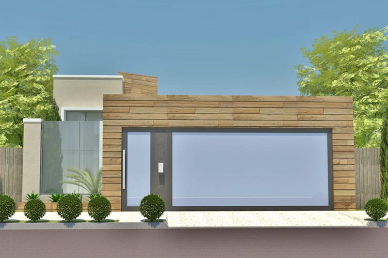 Plano de casa con fachada de madera