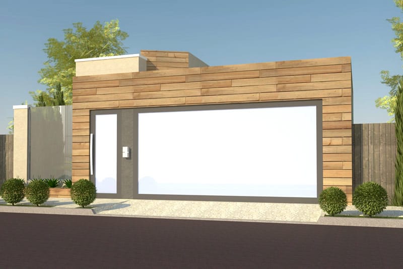 Plano de casa con fachada de madera