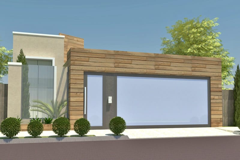 Plano de casa con fachada de madera