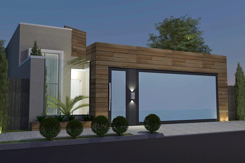 Plano de casa con fachada de madera