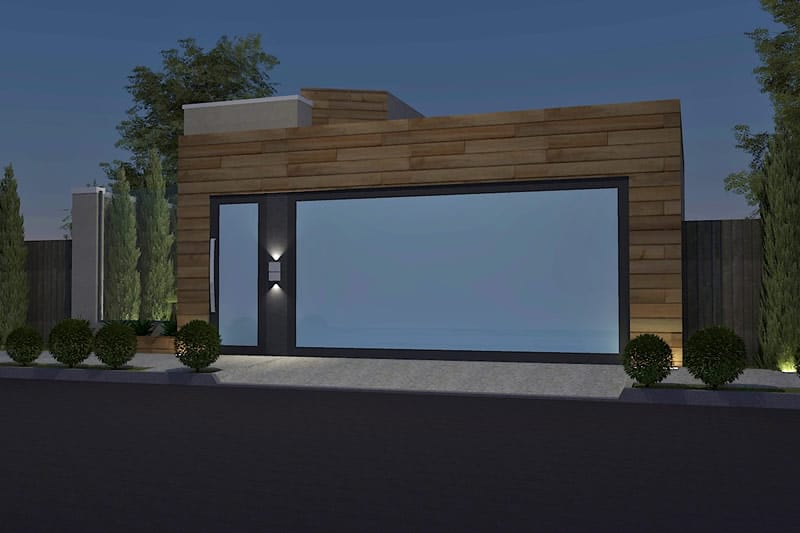 Plano de casa con fachada de madera