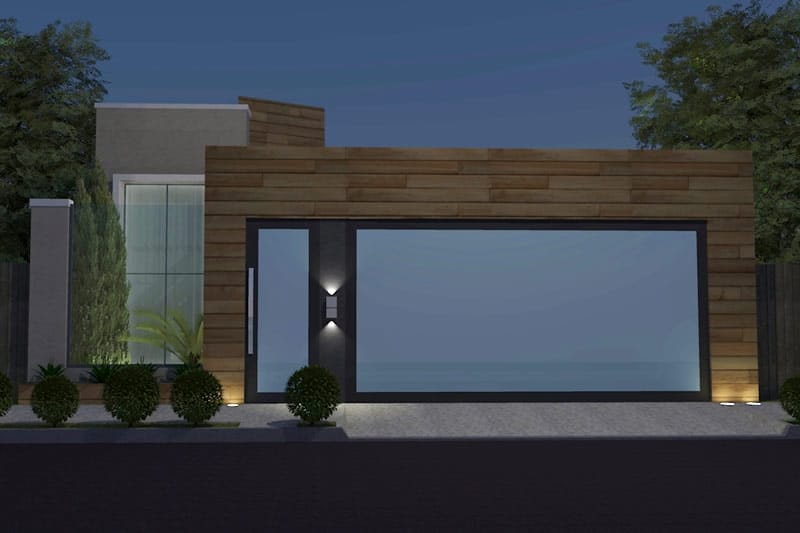 Plano de casa con fachada de madera