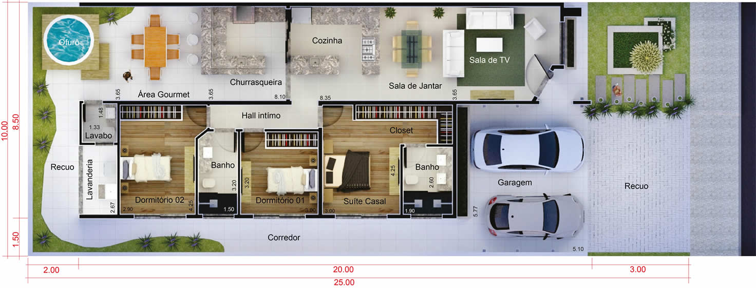 Plano de casa con zona de juegos10x25