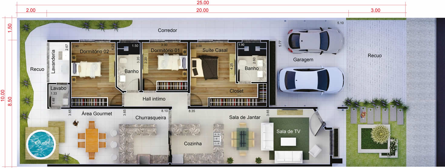 Plano de casa con zona de juegos10x25