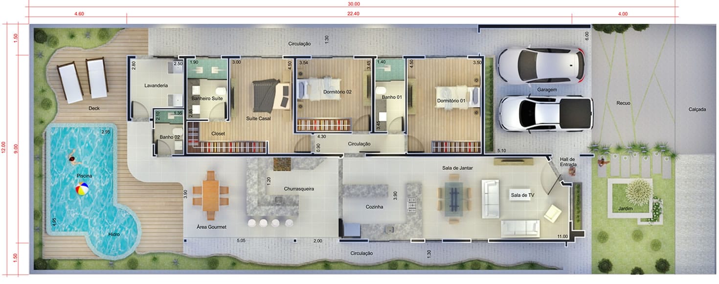 Plano de casa con piscina y hidro12x30