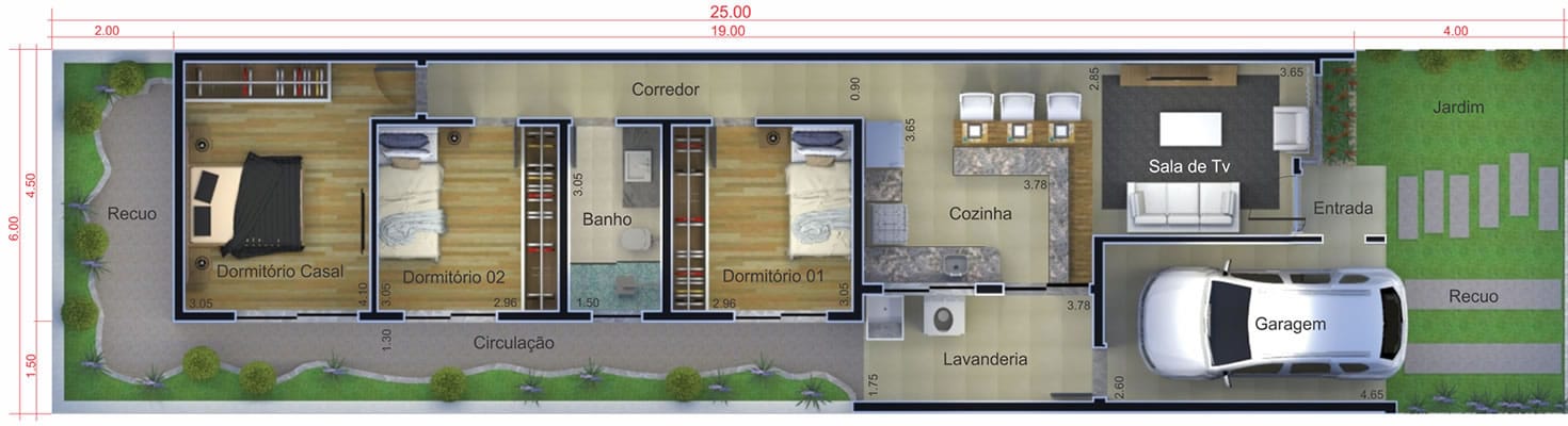 Plano de casa con ladrillo a la vista6x25