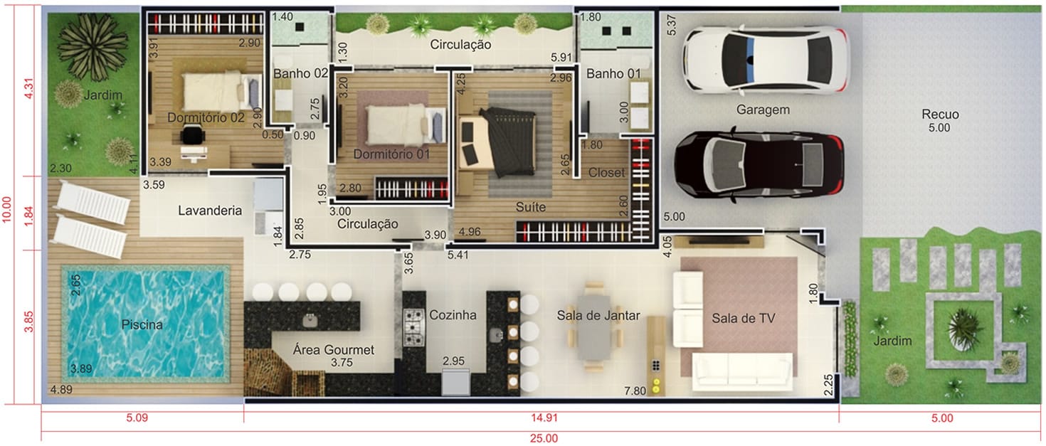 Plano de casa con fachada de ladrillo10x25