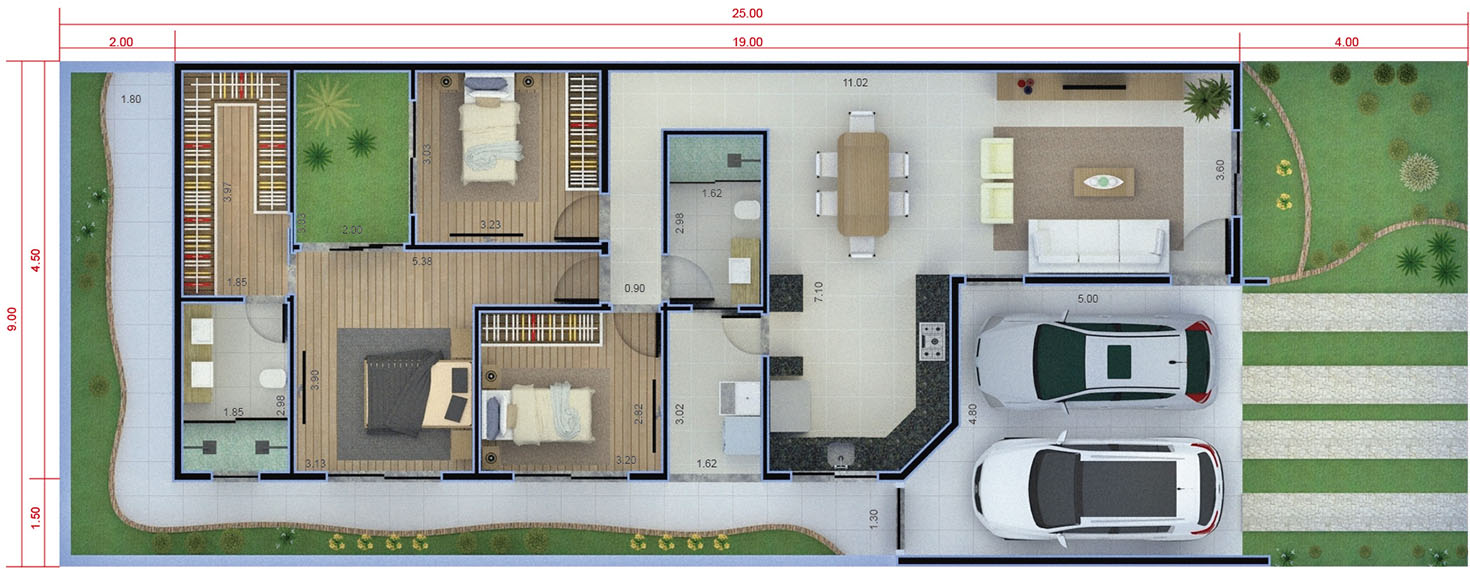 Plano de casa con jardín de invierno9x25
