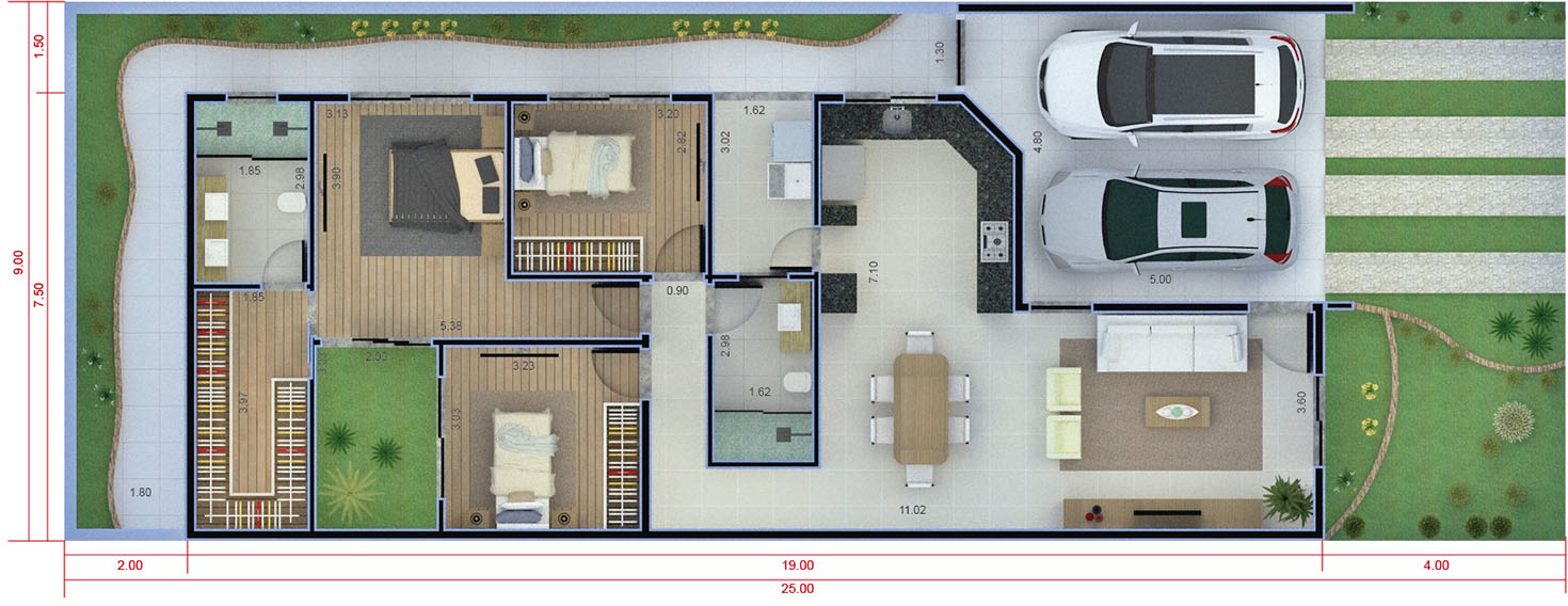 Plano de casa con jardín de invierno9x25