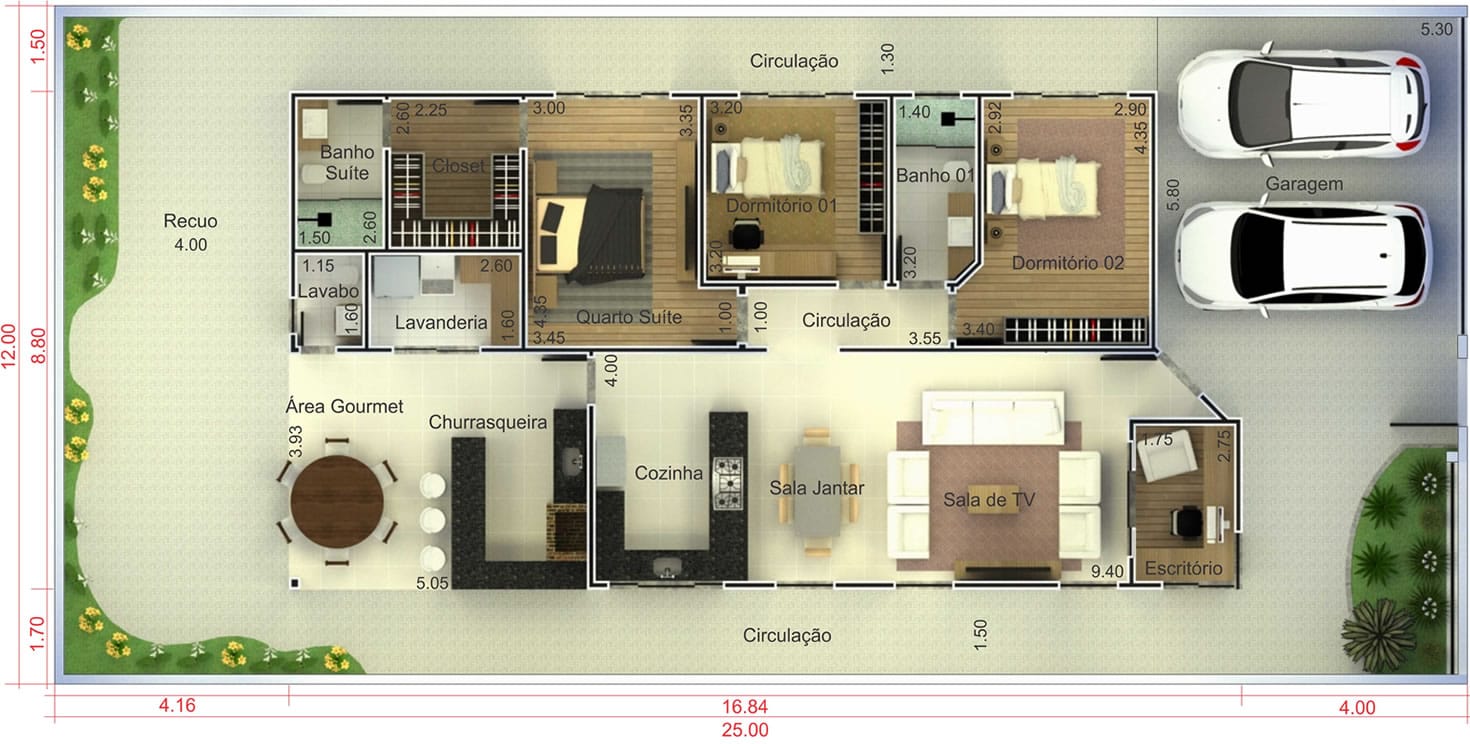 Plano de casa con balcón gourmet12x25