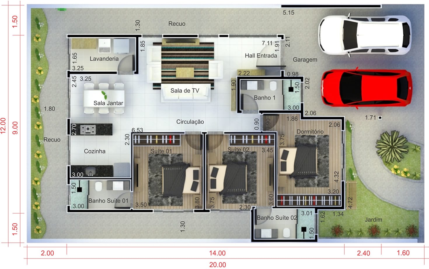 Casa con 2 suites y 1 habitación12x20